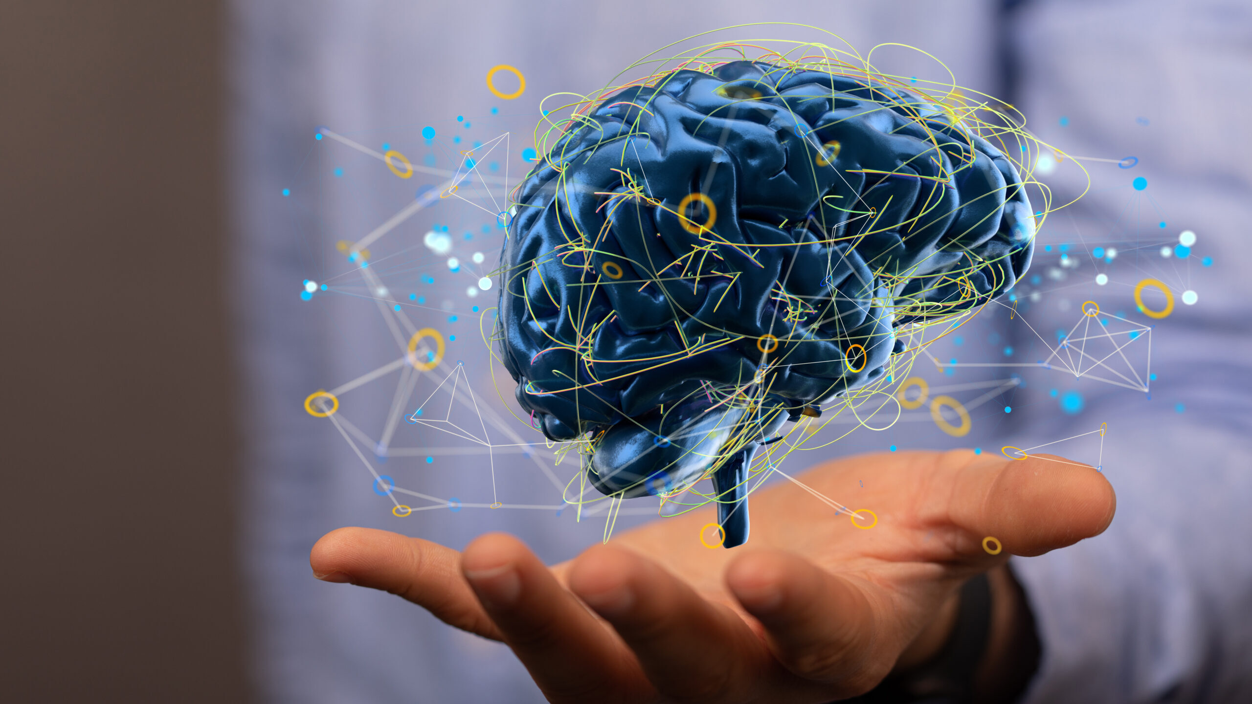 Futuristic Artificial Intelligence and Machine Learning Concept- digital brain sign floating on a hand